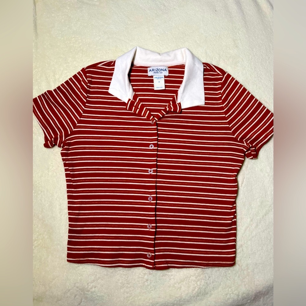 Auburn and White Cropped Striped Top with Collar Made By Arizona